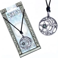 Fekete madzagos nyaklánc - fém medál, druidák fája, pentagramm