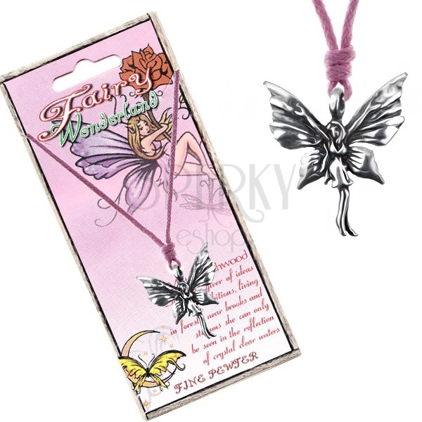 Rózsaszín madzag és fém medál, álló pillangó tündér
