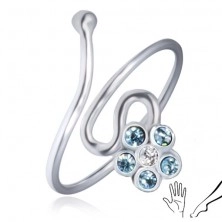 Fényes, 925 ezüst gyűrű - hajlított vonal, virág kék cirkóniákkal