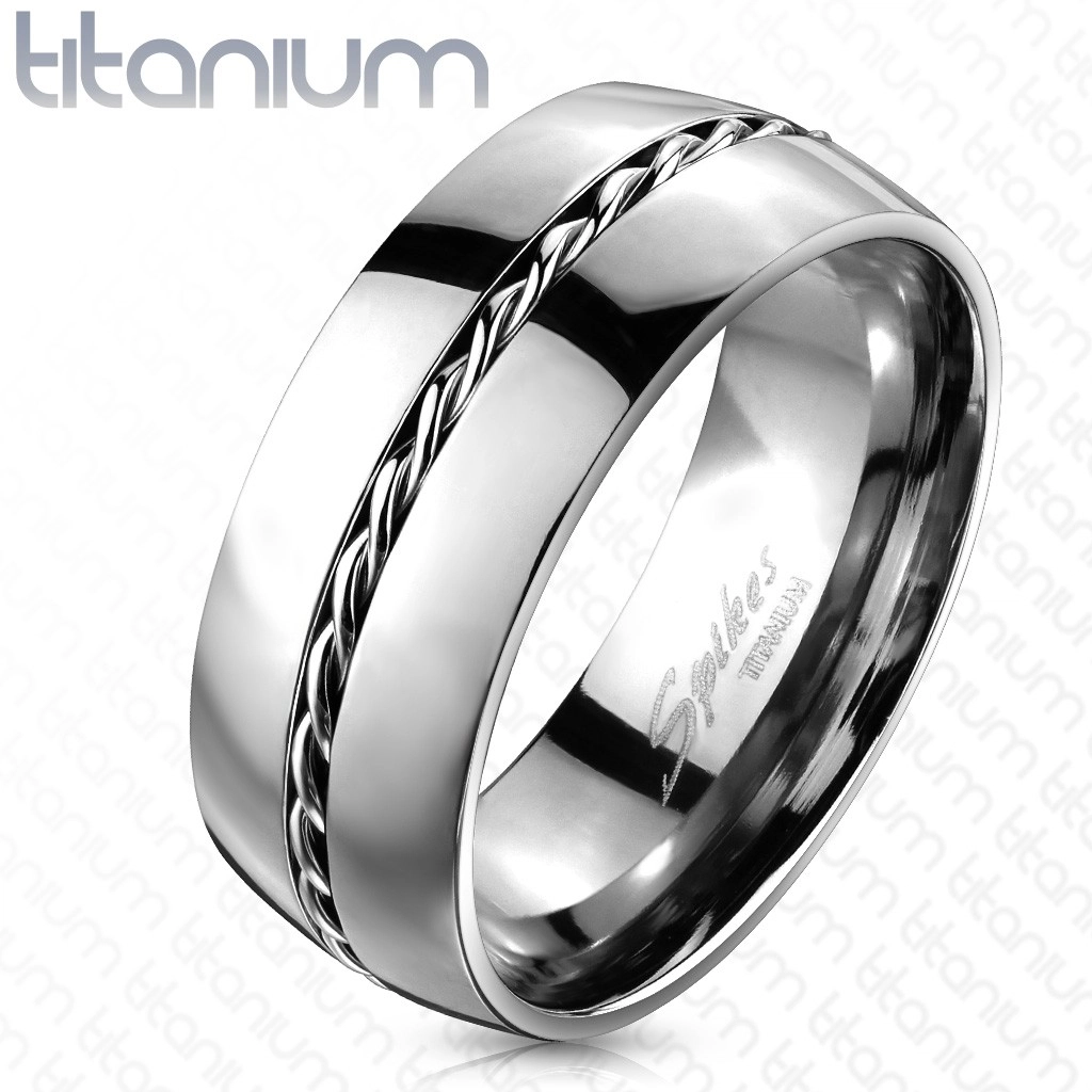 Titánium gyűrű - ezüst színű karika, csavart drót középen - Nagyság: 62
