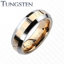 Tungsten karikagyűrű - vörösarany sáv római számokkal