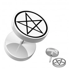 Fehér fake plug a fülbe akrilból - kör alakú, pentagramm