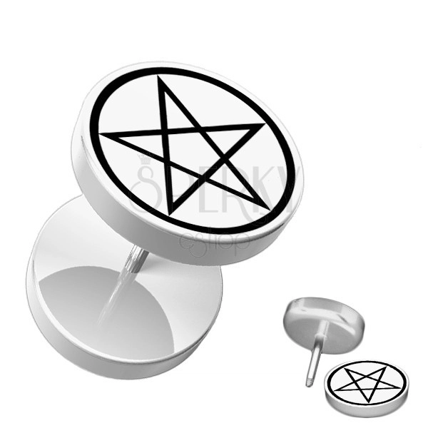 Fehér fake plug a fülbe akrilból - kör alakú, pentagramm