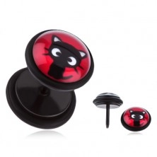 Acél fake plug a fülbe - ülő, fekete cica, piros háttér