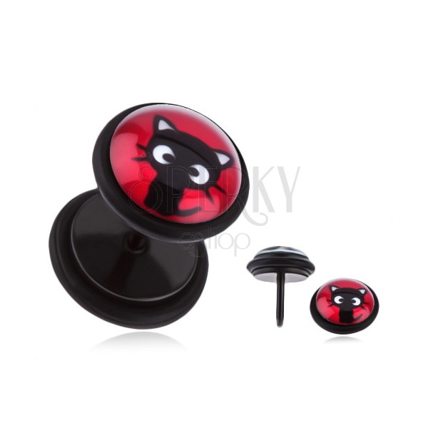 Acél fake plug a fülbe - ülő, fekete cica, piros háttér