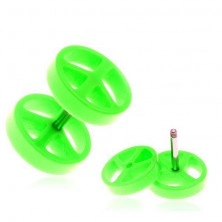 Akril fake plug fülbe - zöld, "peace" szimbólum