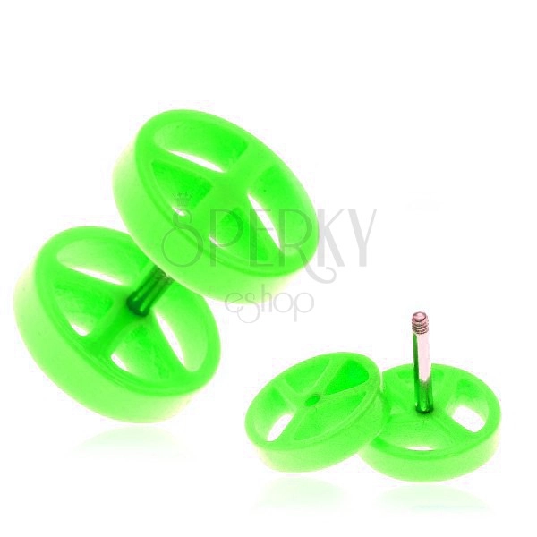 Akril fake plug fülbe - zöld, "peace" szimbólum