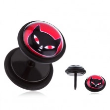 Fekete fake plug fülbe PVD bevonattal - acél, macska piros szemekkel