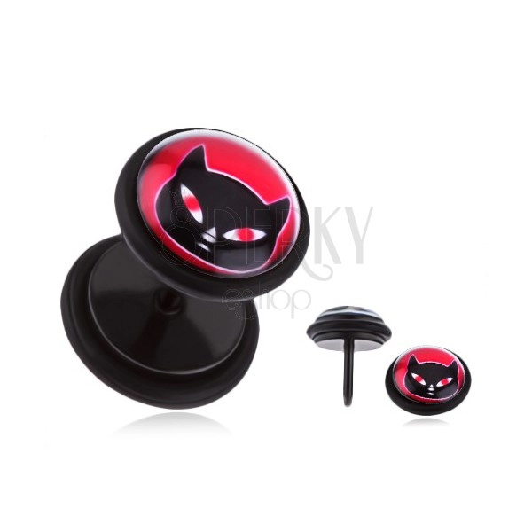 Fekete fake plug fülbe PVD bevonattal - acél, macska piros szemekkel
