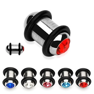 Plug - fülpiercing acélból, színes cirkónia, két fekete gumi - Vastagság: 4 mm, A cirkónia színe: Piros - R