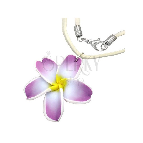 FIMO nyaklánc - lila-fehér pluméria virág, bézs bőr zsinór
