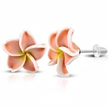 FIMO fülbevaló - Rózsaszín virág fehér széllel és sárga középpel