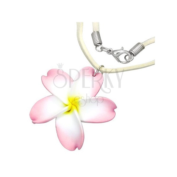 FIMO nyaklánc - fehér-rózsaszínű virág, bézs zsinór