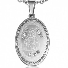 Ovális acél medál - Szűz Mária, görög kulcs