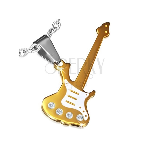 Arany színű acél medál, elektromos gitár cirkóniával díszített