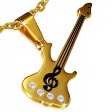 Acél medál - arany színű gitár, violinkulcs, átlátszó kövek