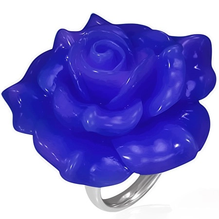 Fényes acél gyűrű - kék rózsa gyantakőből - Nagyság: 52