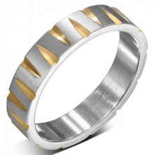 Ezüst színű acél gyűrű arany színű bevágásokkal 