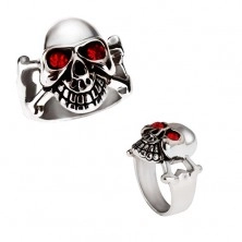 Fényes acél gyűrű - ezüst színű koponya piros szemekkel
