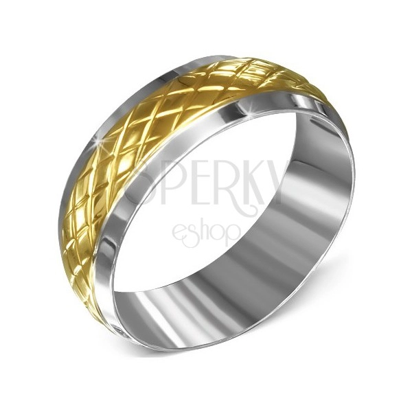 Gyűrű sebészeti acélból, ezüst színű arany rombuszos sávval