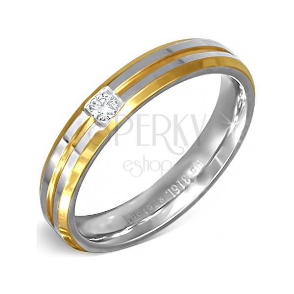 Ezüst-arany színű gyűrű acélból kis átlátszó cirkóniával