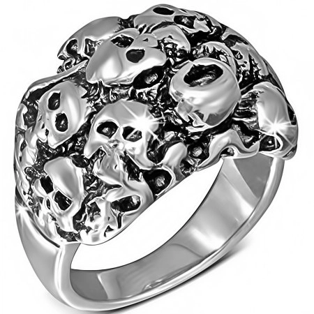 Fényes ezüst színű acél gyűrű - koponyák  - Nagyság: 60