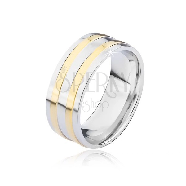 Ezüst színű gyűrű két vékony arany sávval
