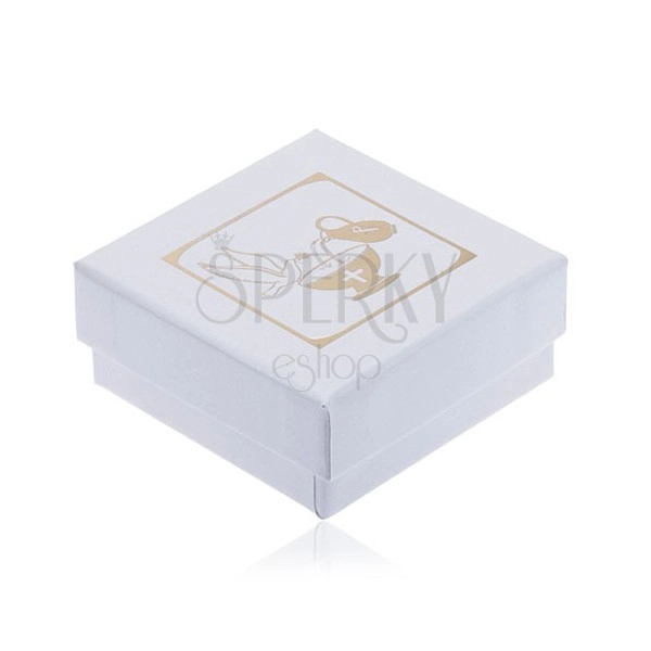 Gyöngyház fehér dobozka fülbevalóra, arany kehely, korsó és galamb