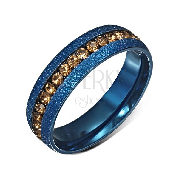 Kék anodizált gyűrű szemcsés felülettel, sárga cirkóniás sáv