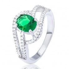 Gyűrű 925 ezüstből, kettős cirkónia hullám, ovális zöld kő