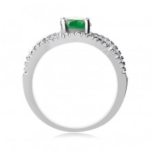 Gyűrű 925 ezüstből, kettős cirkónia hullám, ovális zöld kő