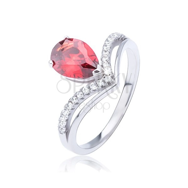Gyűrű 925 ezüstből, piros könnycsepp alakú cirkónia és kettős csúcs