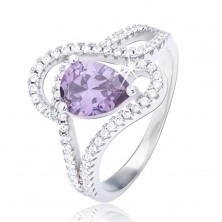 Gyűrű 925 ezüstből, lila színű könnycsepp cirkónia, hullámos ornamentum
