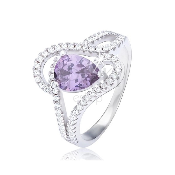 Gyűrű 925 ezüstből, lila színű könnycsepp cirkónia, hullámos ornamentum