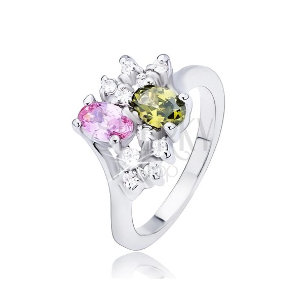Gyűrű kétféle színű ovális cirkóniával és négy átlátszó kővel
