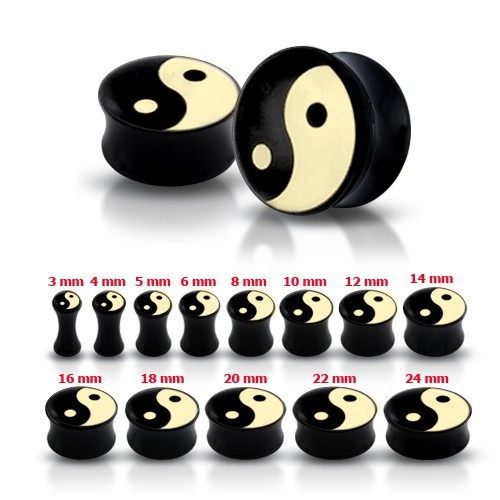 Fényes fekete fülplug Jin és Jang szimbólummal - Vastagság: 10 mm
