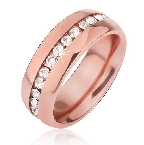 Rézszínű acél gyűrű, kivágások átlátszó cirkóniával - Nagyság: 62