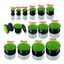 Fekete kerek fültágító plug zöld csillogókkal