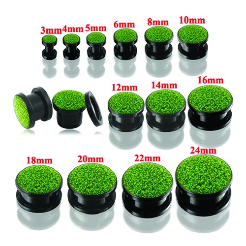 Fekete kerek fültágító plug zöld csillogókkal - Vastagság: 12 mm