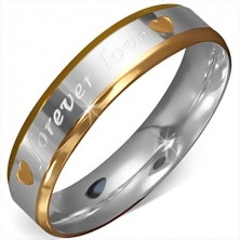 Kétszínű gyűrű sebészeti acélból, szives kivágások, "forever love"