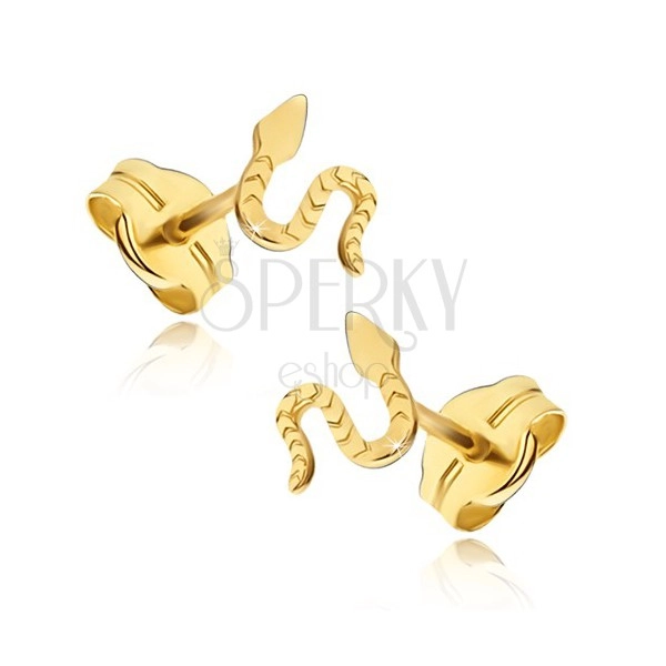 Fülbevaló 14K sárga aranyból - fényes csúszó kígyó, vésett felszín