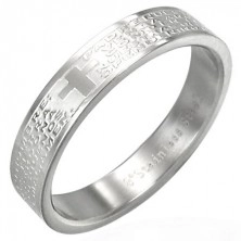 Ezüst színű acél gyűrű imával és kereszttel