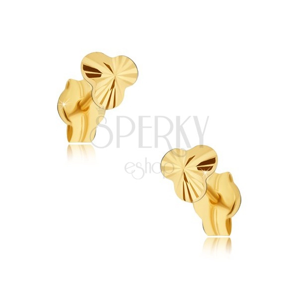 Arany fülbevaló - apró csillogó három levél sugaras vésetekkel