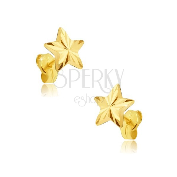 Fülbevaló 14K sárga aranyból - ötágú csillogó csillag, sugaras vésetek