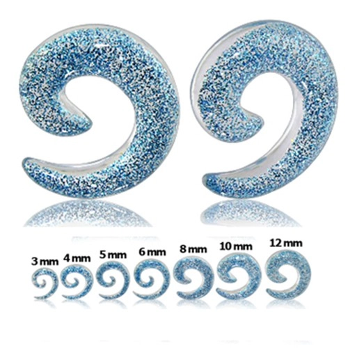 Átlátszó expander fülbe - spirál kék csillogókkal - Vastagság: 6 mm 