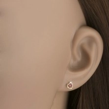 585 arany fülbevaló - szabályos szívkörvonal, kerek rózsaszín rubin