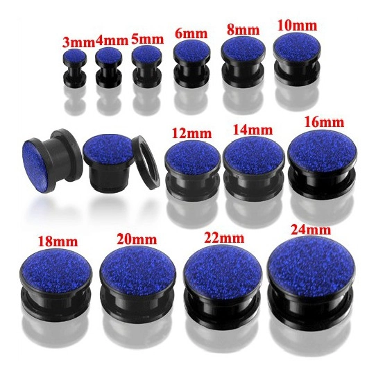 Kerek fekete színű fültágító plug kék csillogókkal - Vastagság: 3 mm