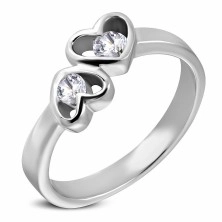 Ezüst színű acél gyűrű - kettős szív forma átlátszó cirkóniákkal