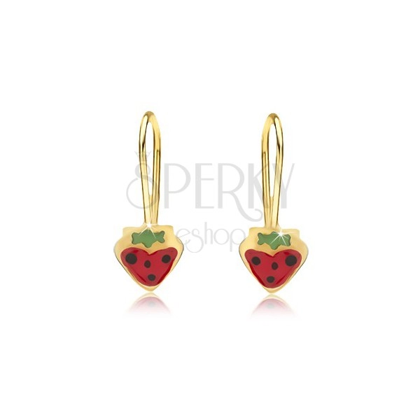 Arany fülbevaló - piros-zöld eprecskék fekete színű pöttyökkel, fényes máz