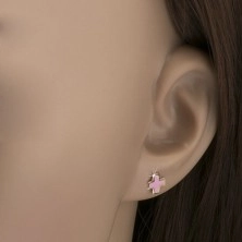 Arany fülbevaló - egyenlőszárú rózsaszín kereszt, fénymázas felszín